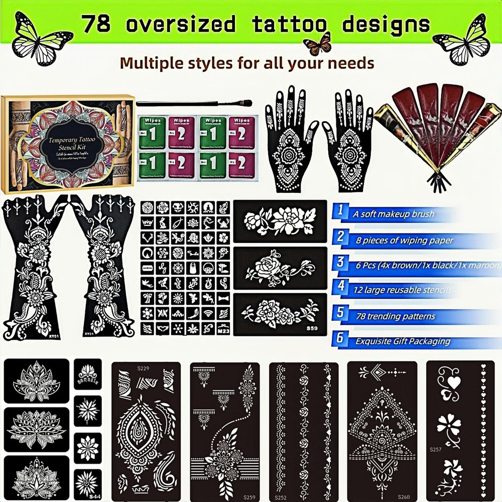 Temporary Tattoos Kit - Large 12 Sheets Tattoo Large, A-6Pcs