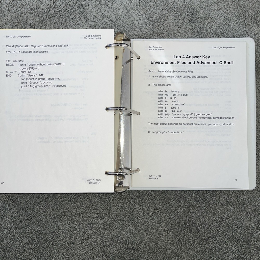 VTG 1989 SUN Microsystems SunOS Education Course For Programmers, Student Guide