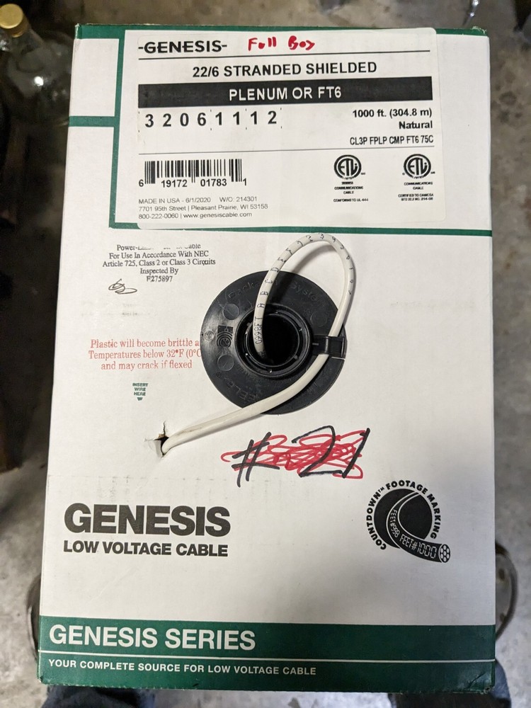 Genesis 22 AWG 6C Str Shielded Plenum, Natural, 1000 ft. Pull Box 32061112