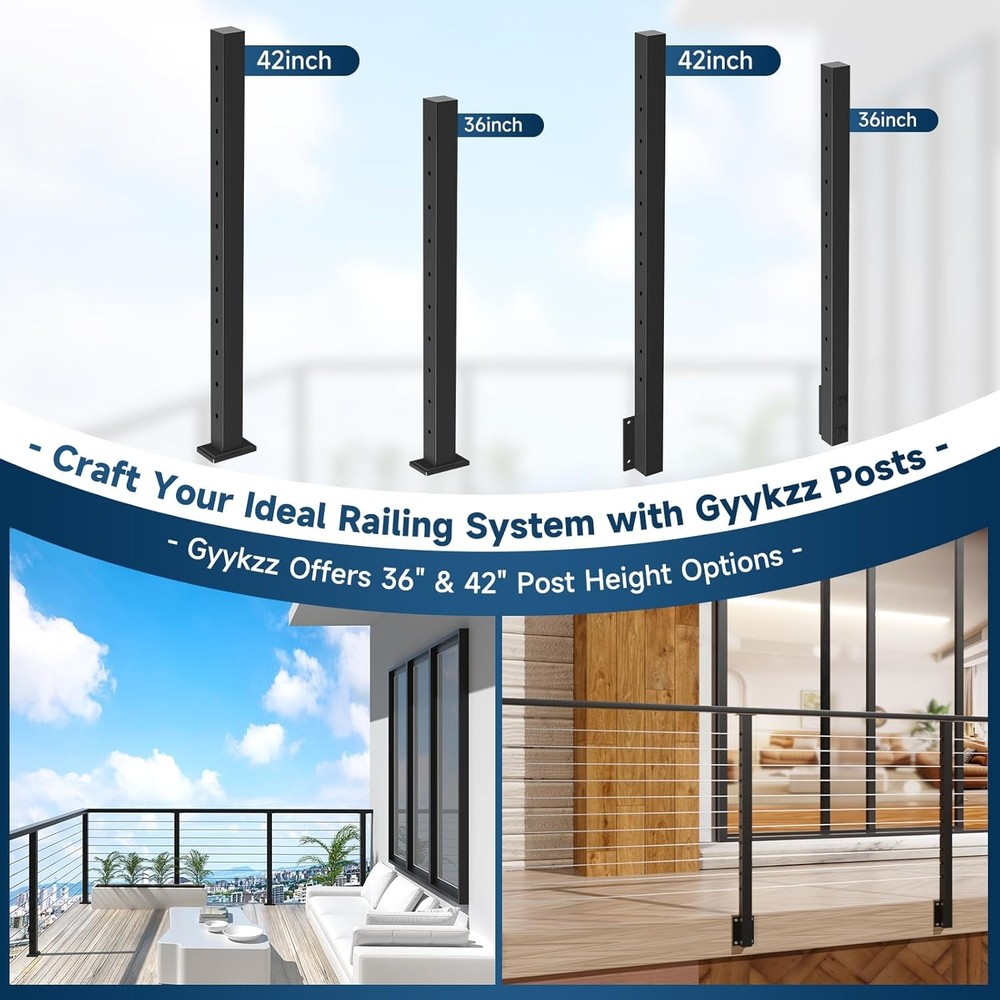 6FT Stainless Steel T304 Handrail Black, 3 Pack Rectangular Cable Railing Handra