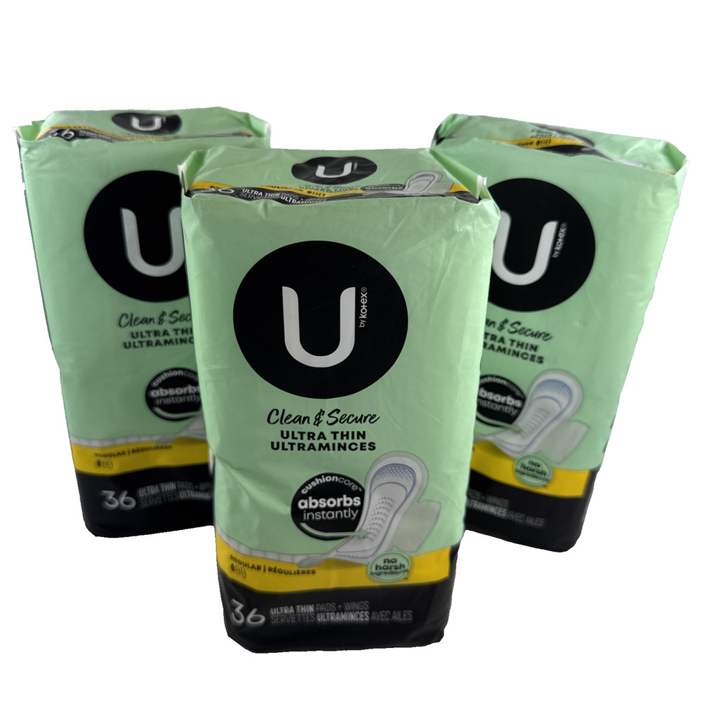 U by Kotex Ultra Thin Pads with Wings Regular Clean & Secure 3-36ct Pkgs
