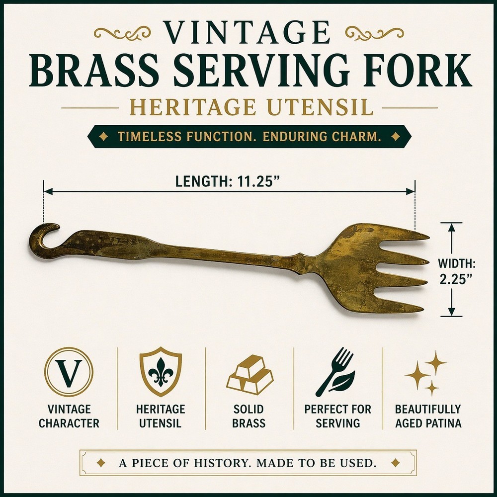 Vintage Brass Serving Fork Long Handle Hooked End Hearth Tool 11.25"