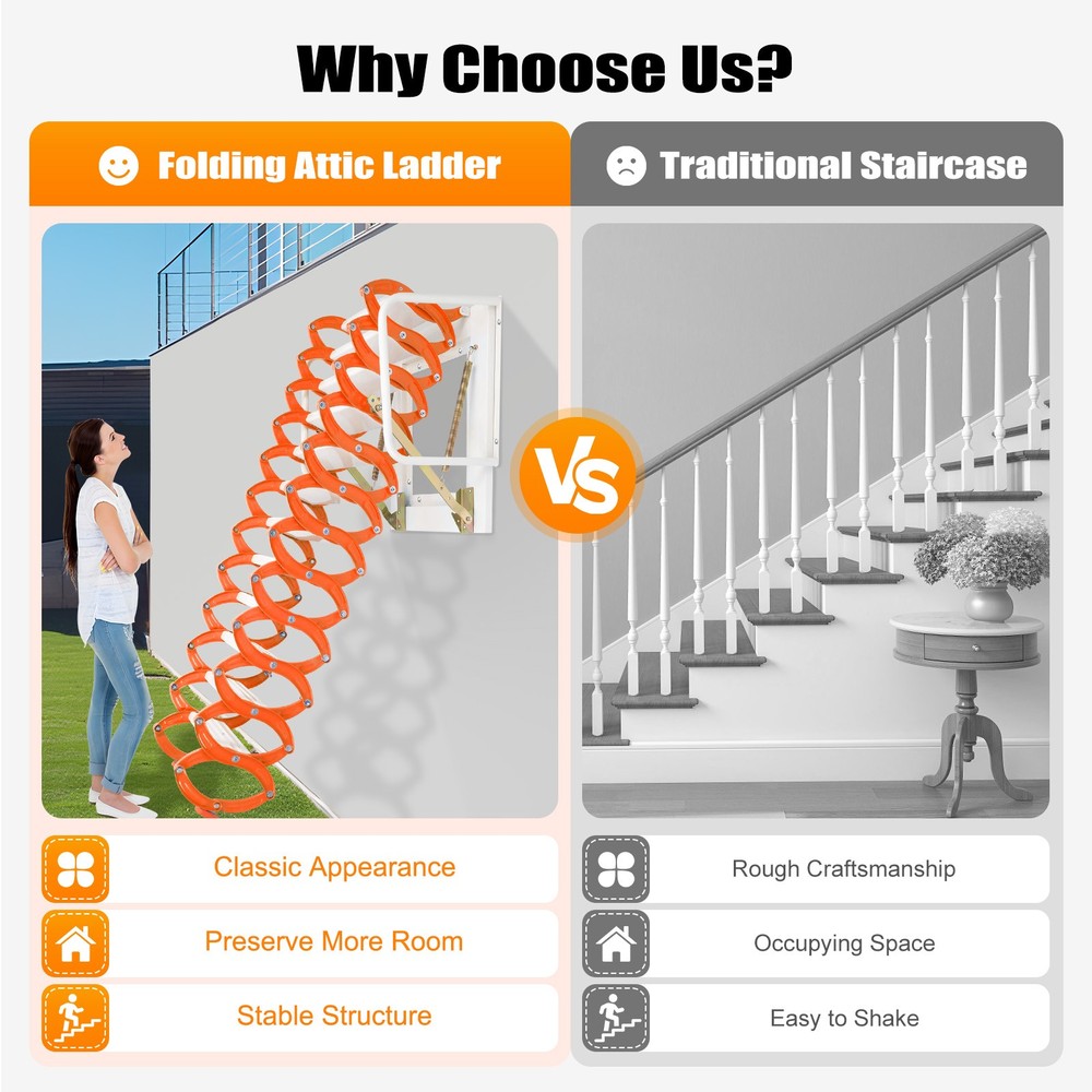 12 Steps Attic Ladder Folding Loft Ladder Wall Mounted Pull Down Attic Stairs