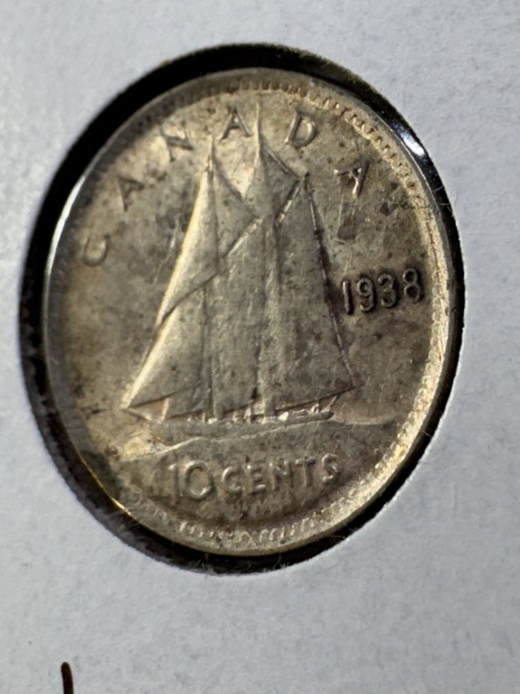 1938 Canada 10 Cents Silver Coin Cleaned