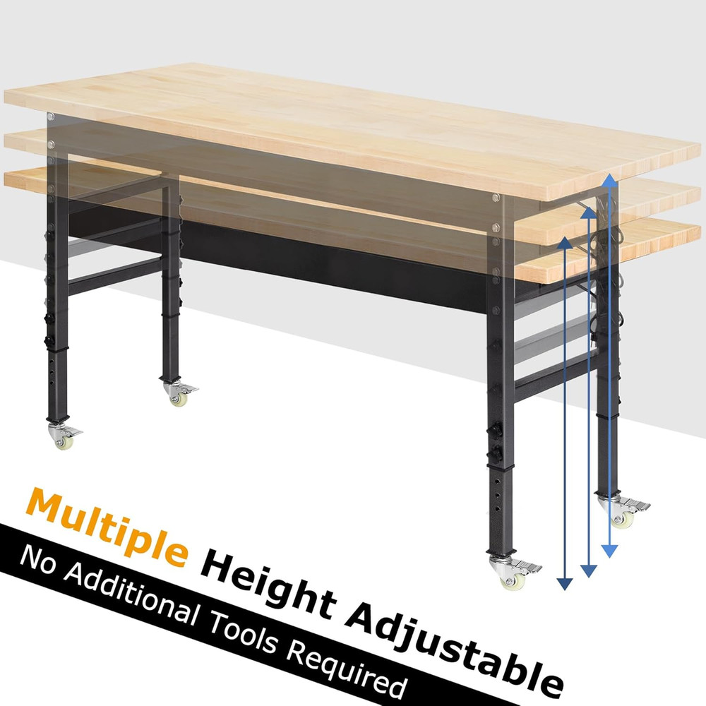 60" Adjustable Work Bench, Rubber Wood Top Workbench Heavy-Duty Work Table with