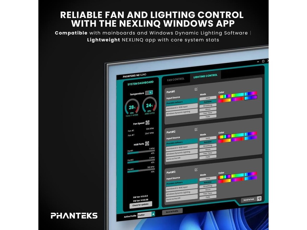 Phanteks Nexlinq Hub V2, Fan & Lighting control Windows App, Multiple channel ou