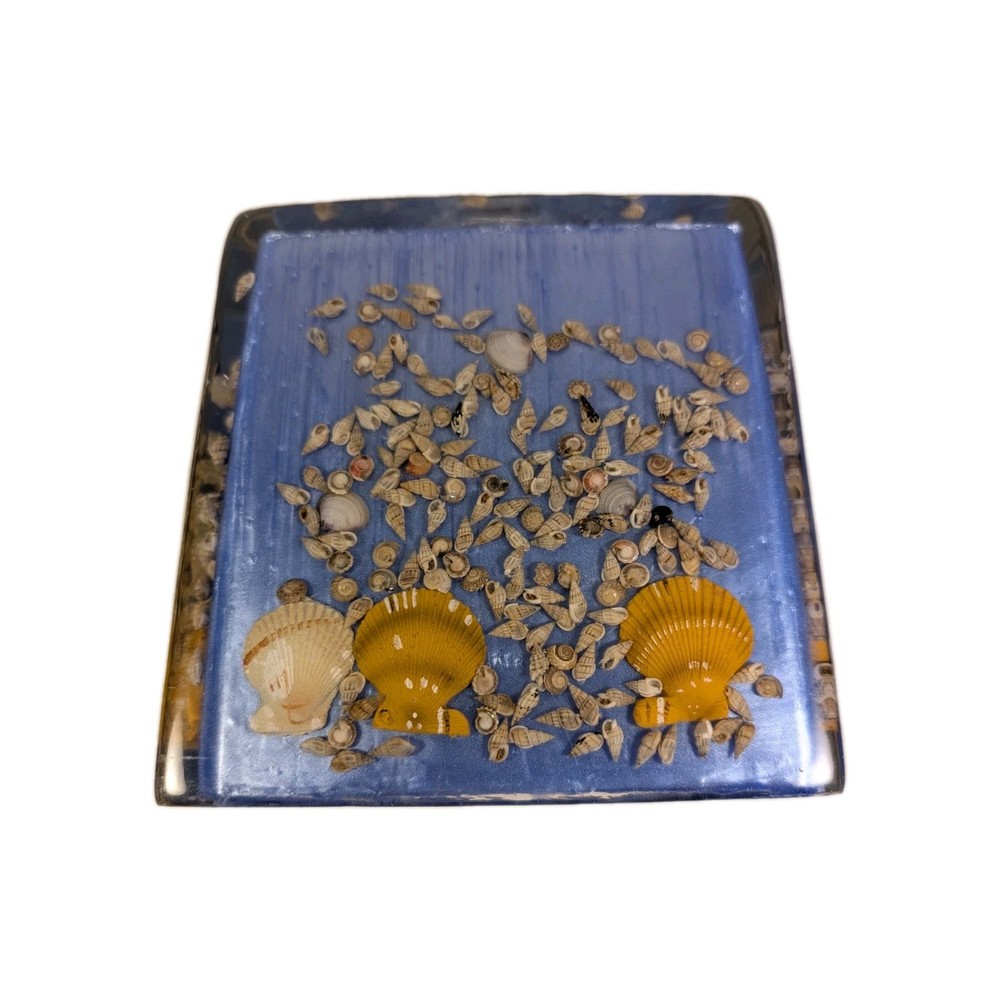 Blue Acrilic Shell Tissue Box Cover. Marbleizing W Fan & Periwinkle Shells Beach