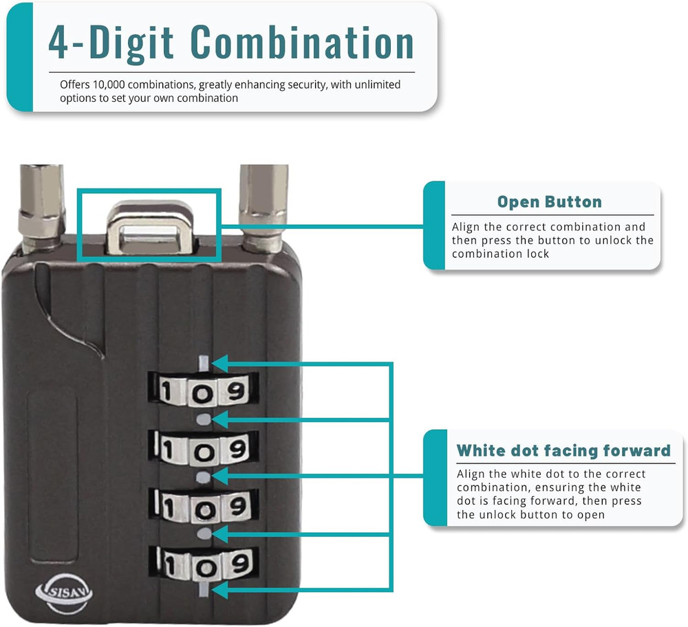 4-Digit Combination Cable Lock 50cm - Re-Settable Security Lock 2-Pack