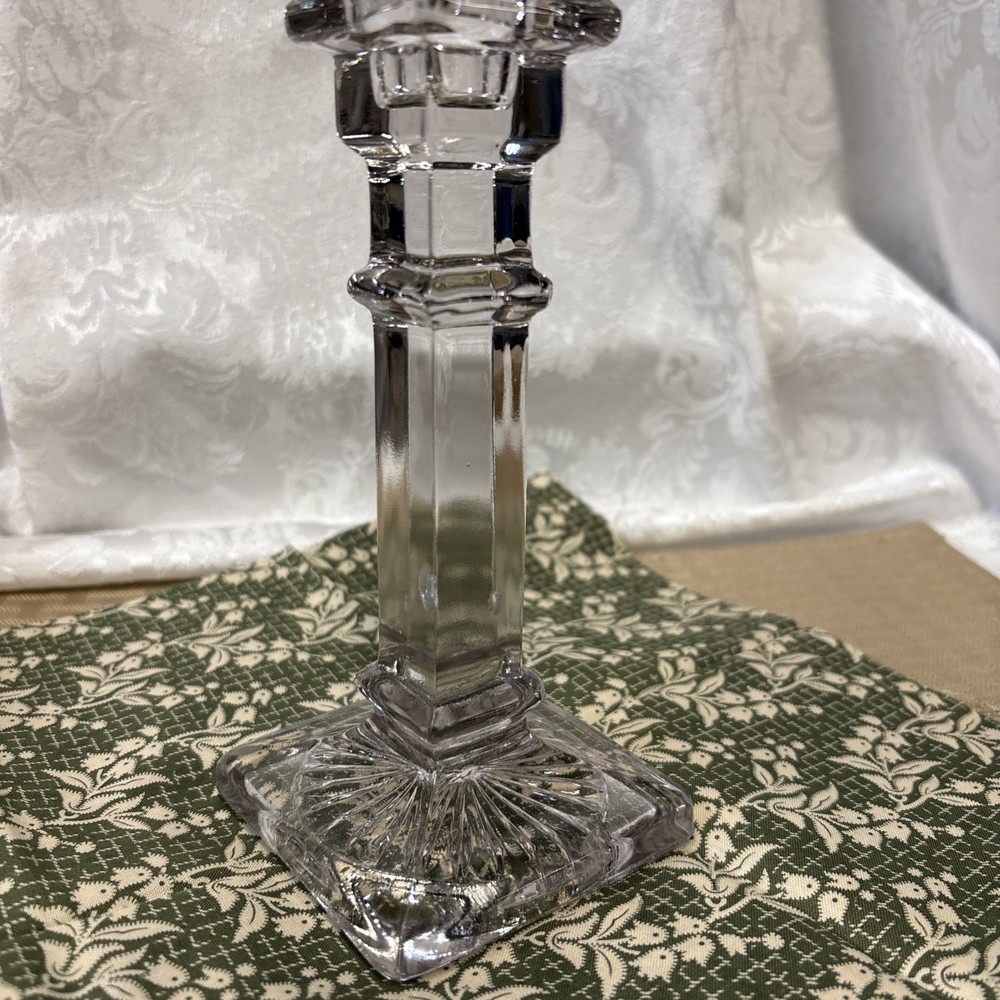 Clear Pressed Glass Candlestick Holder Sunburst Pattern Decorative 8 Inch