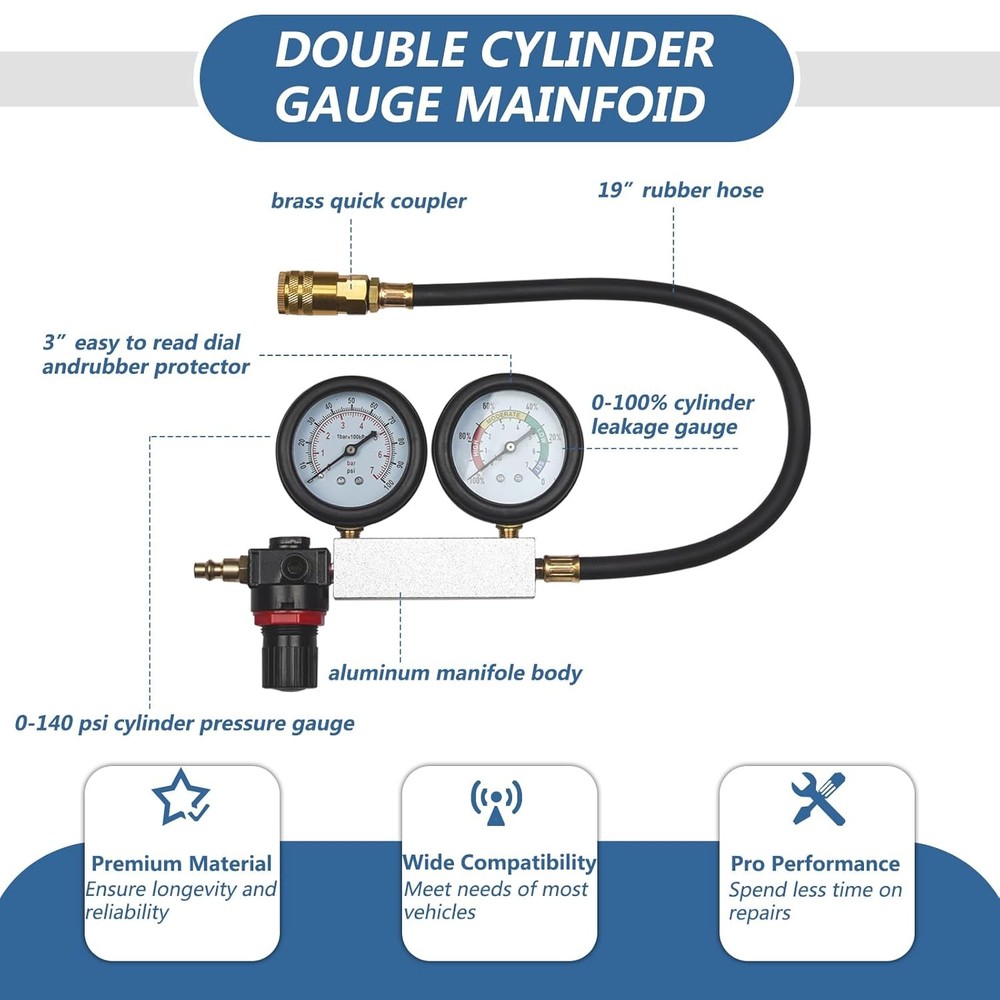 Cylinder Leak Down Tester Petrol Engine Compression Leakage Detector Tool Kit