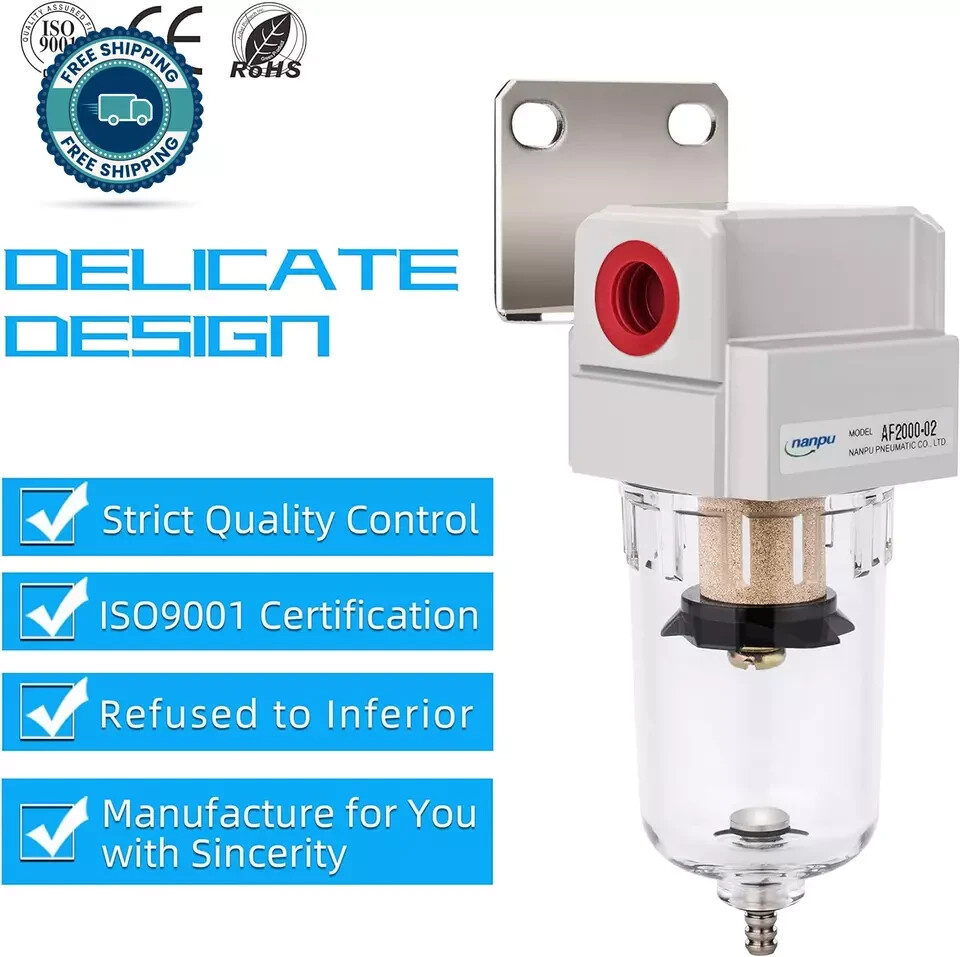 1/4" NPT Compressed Air Line Filter, 5 Micron Brass Element, Bracket, Poly Bowl,