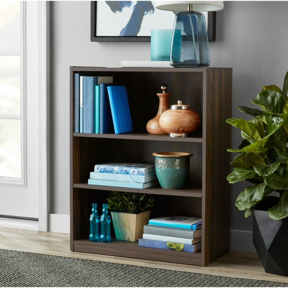 Mainstays 3-Shelf Bookcase, Adjustable Shelves, Storage Display, Canyon Walnut