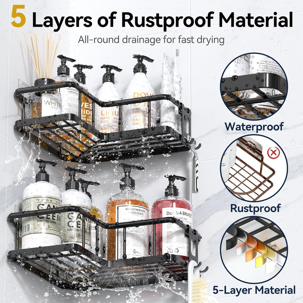 Corner Shower Caddy 2 Pack, No Drill Adhesive Shower Storage Shelves, Rustproof