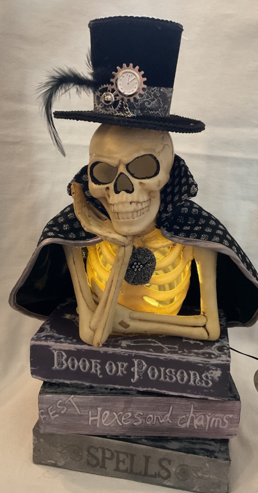 Moonlight Manor Halloween Skeleton On Spell Books LIGHT UP 17.5" NWT