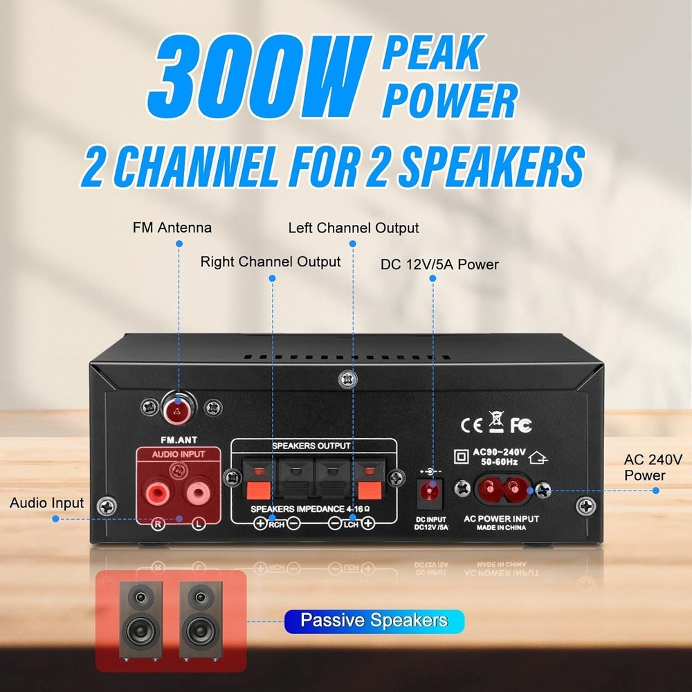 Compact 300W Home Audio Amplifier with Bluetooth & Remote Control Functionality