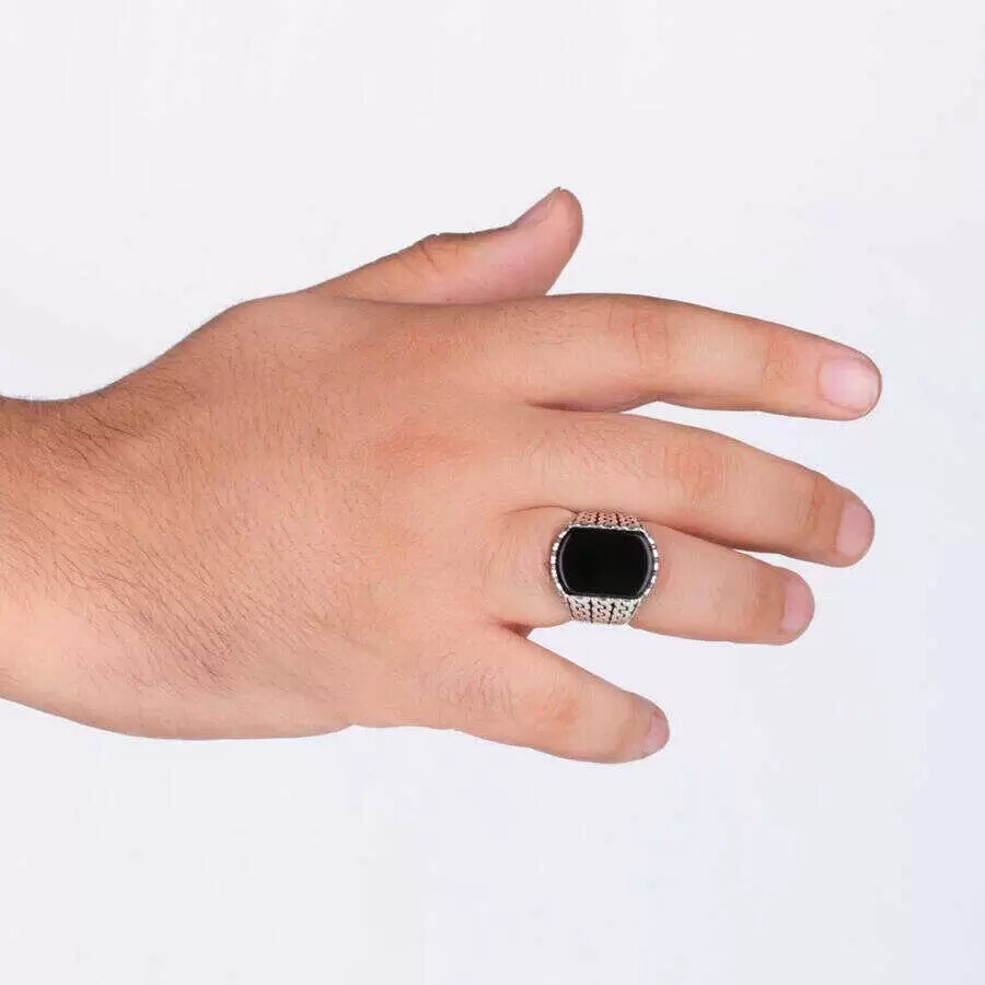 Cushion Shape Gemstone Black Onyx Solid Men's Ring 925 Sterling Silver