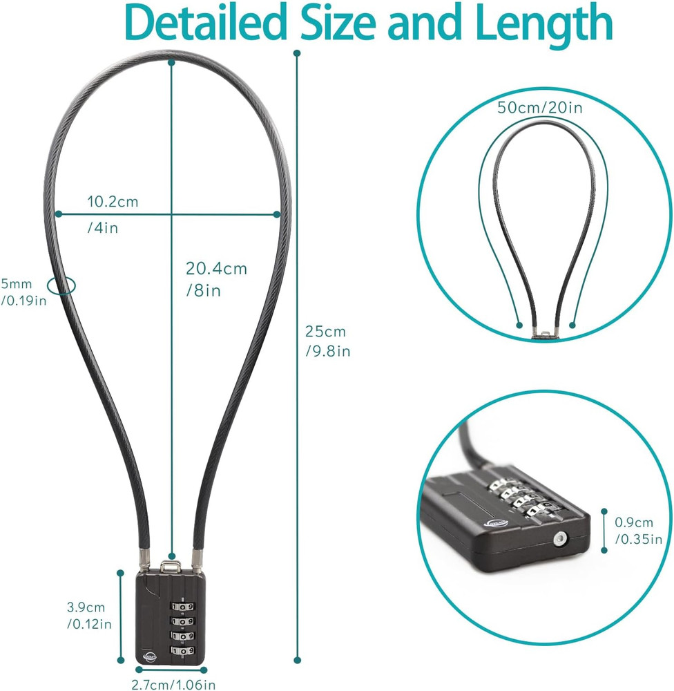 4-Digit Combination Cable Lock 50cm - Re-Settable Security Lock 2-Pack