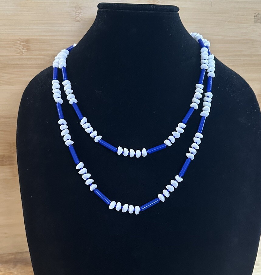 Vintage Blue & White Plastic Beaded Necklace Continuous Strand 48”