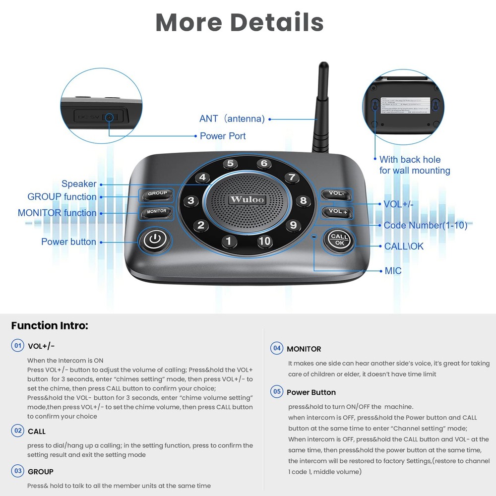 Updated Two-Way Wireless Intercoms Full Duplex for Home Communication 10-Channel
