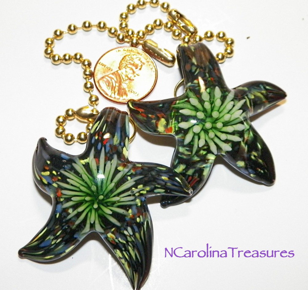 STAR STARFISH GREEN BLACK BURST GLASS CEILING FAN SWITCH PULL PULLS LARGE PAIR