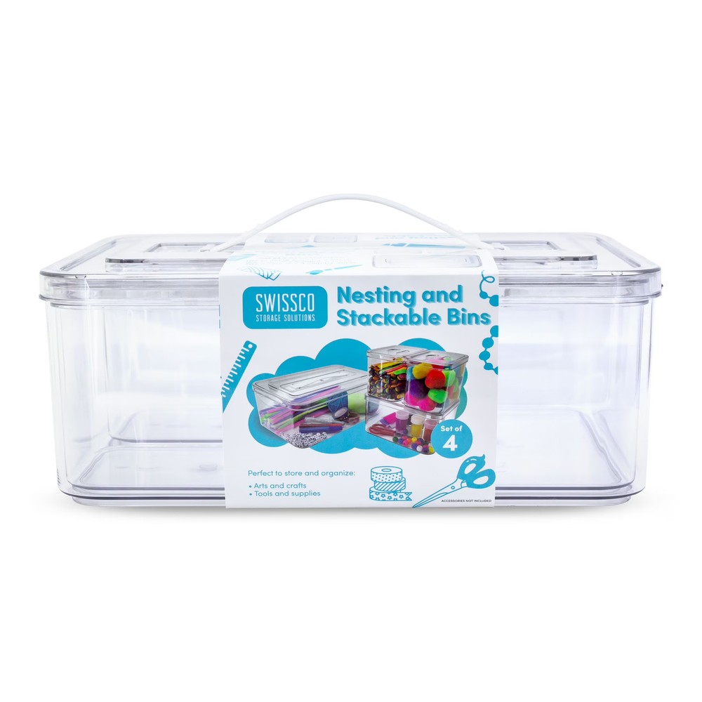Swissco Stackable & Nesting 4 Piece Plastic Organizing Storage Bins for Arts