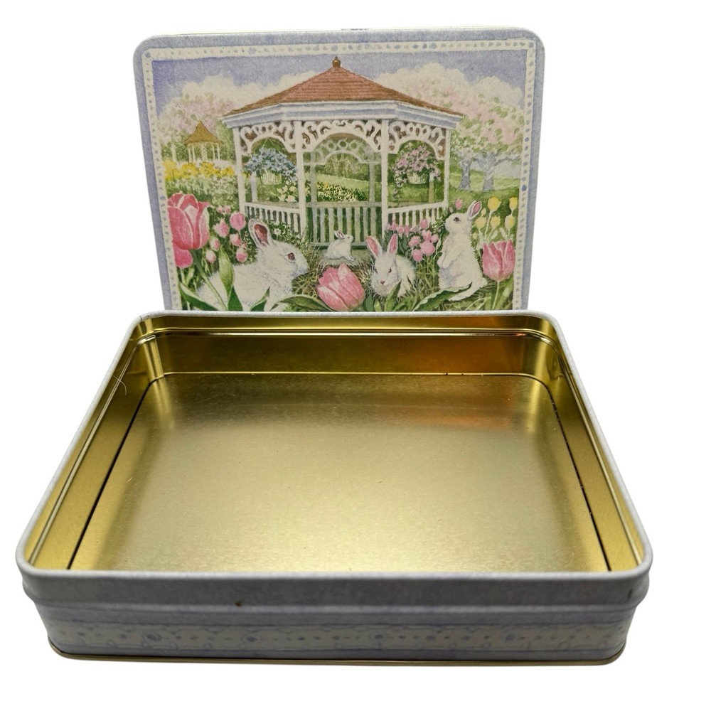 Spring Easter Bunny Rabbits Tulips Pastel Rocky Mountain Chocolate Tin-empty