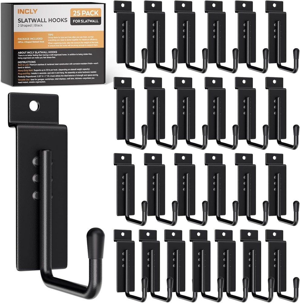 Versatile J-Shaped Slatwall Hooks - 25 Pack for Easy Installation & Maximum Load