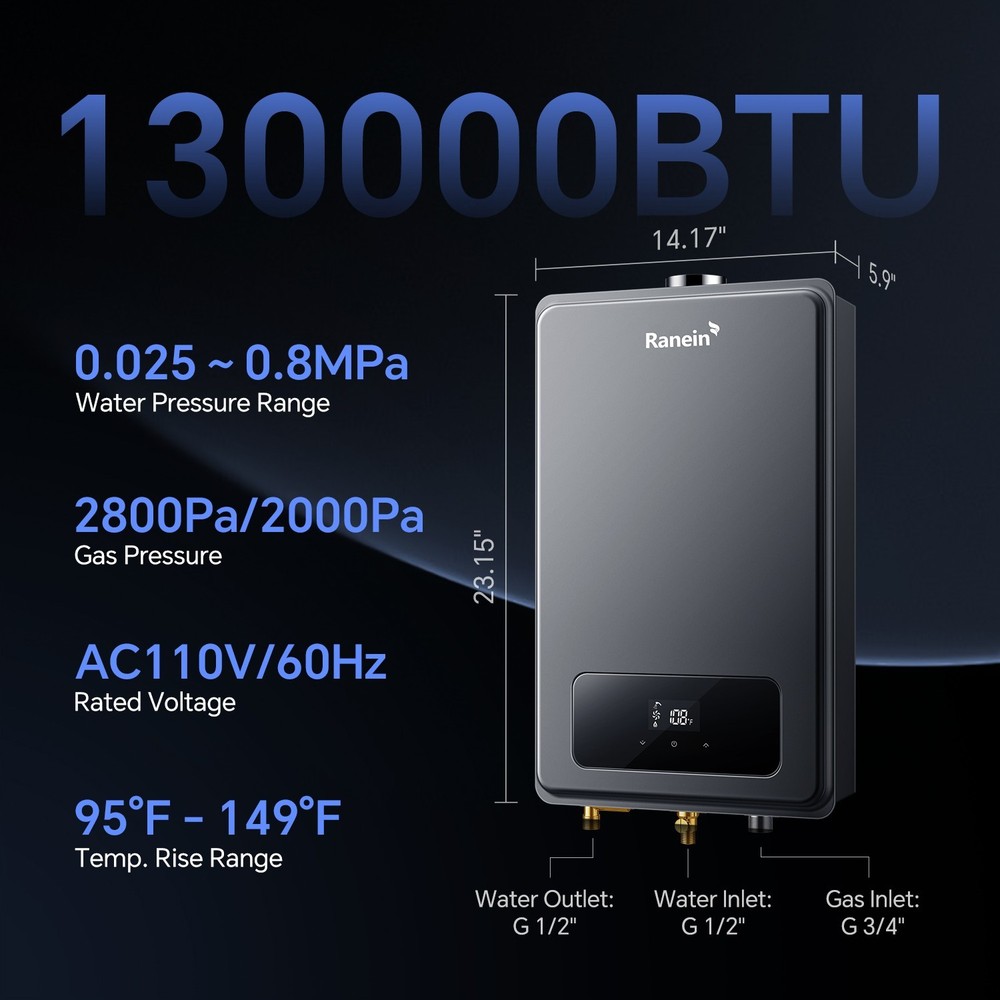 Natural Gas Tankless Water Heater, Indoor Max 5.3 GPM, 130,000 BTU Instant