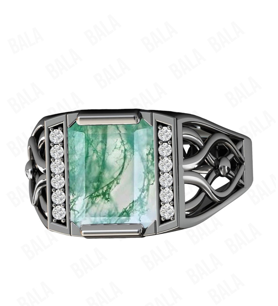 Handmade 925 Sterling Silver Moss Agate Ring, Rectangular Gothic Statement Ring