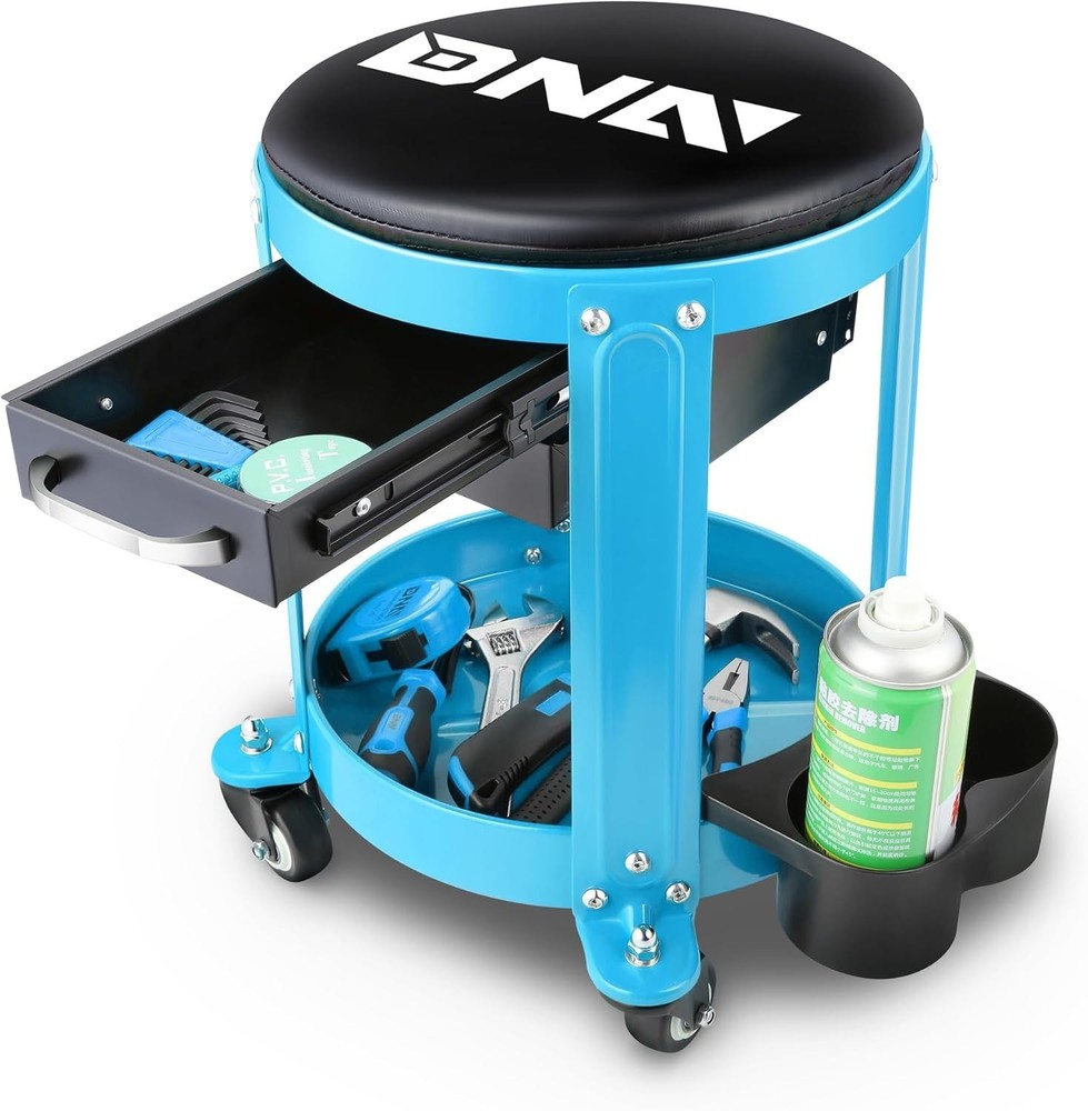 Compact Mechanics Roller Stool with Storage Drawer - 300 lbs Blue Design