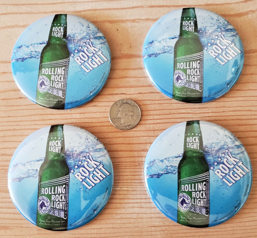 4 Rolling Rock Light 3" Pinbacks / badges NOS