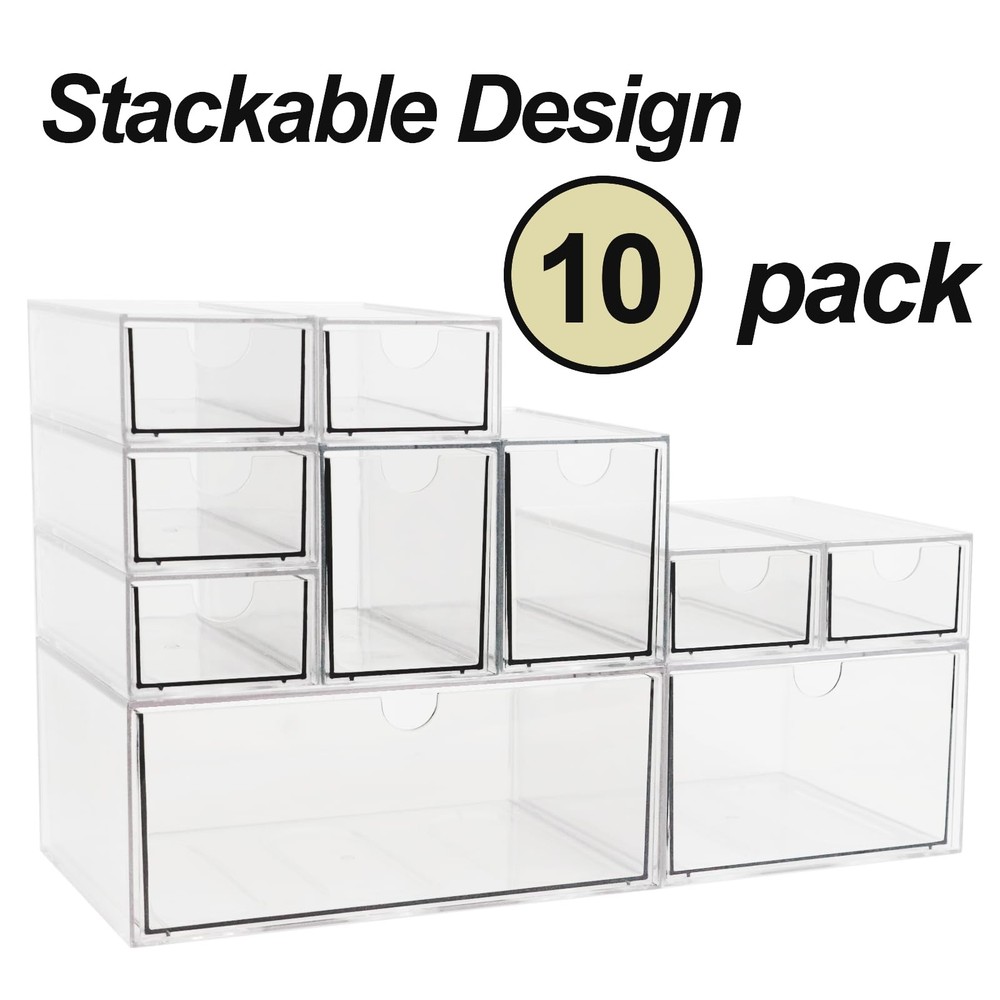 Acrylic Makeup Organizer, 10 Drawers Clear Storage Organizer Desktop Stackabl...