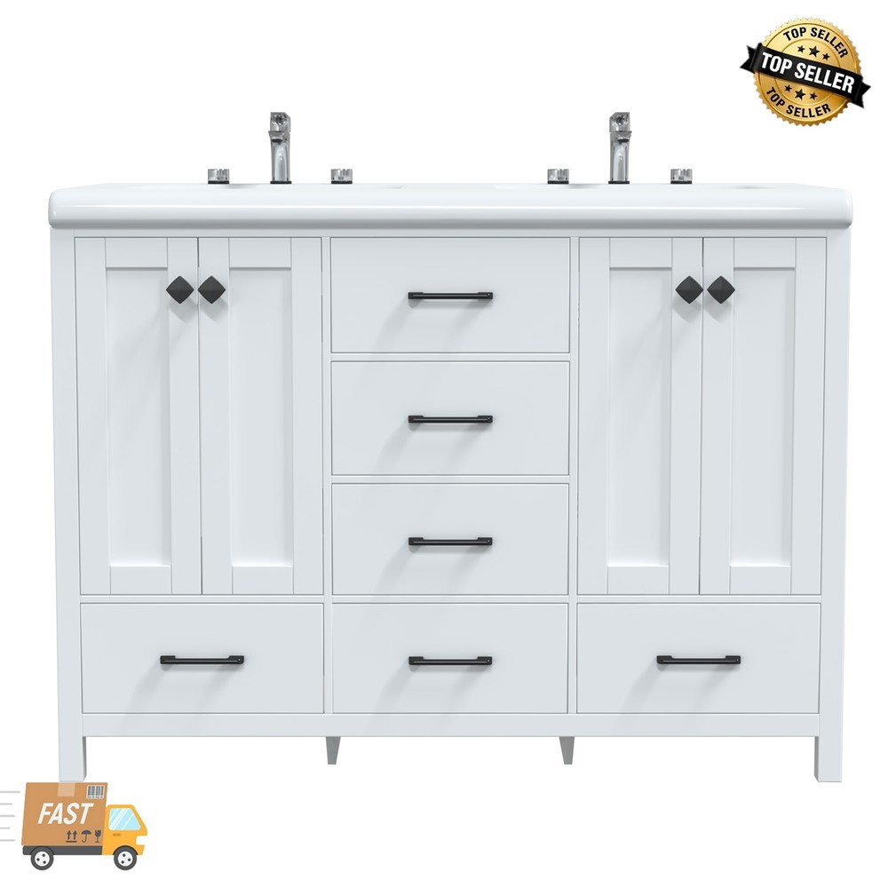 Modern 47.3" Bathroom Vanity Cabinet Double Ceramic Sinks Freestanding Storage