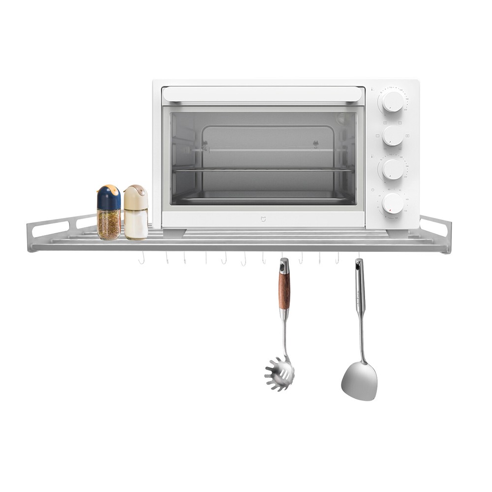 Stainless Steel Wall-Mounted Microwave Oven Shelf w/12 Hooks for Kitchen Storage