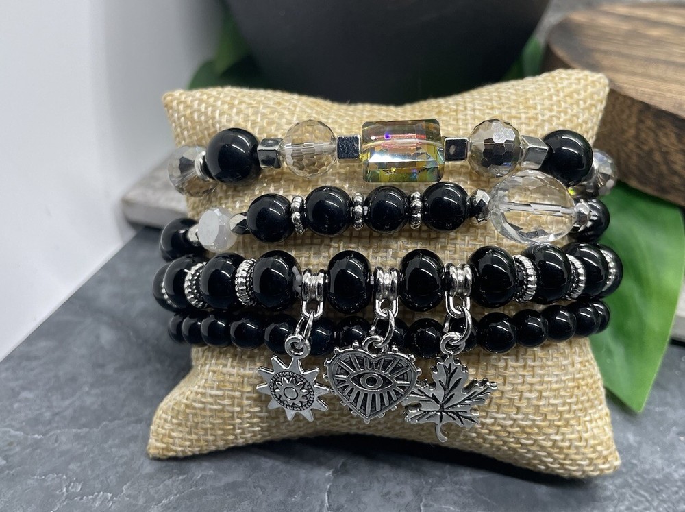 4 PC Handmade Bohemian Beaded Stackable 7” Plus Stretch Bracelet Set New B1788