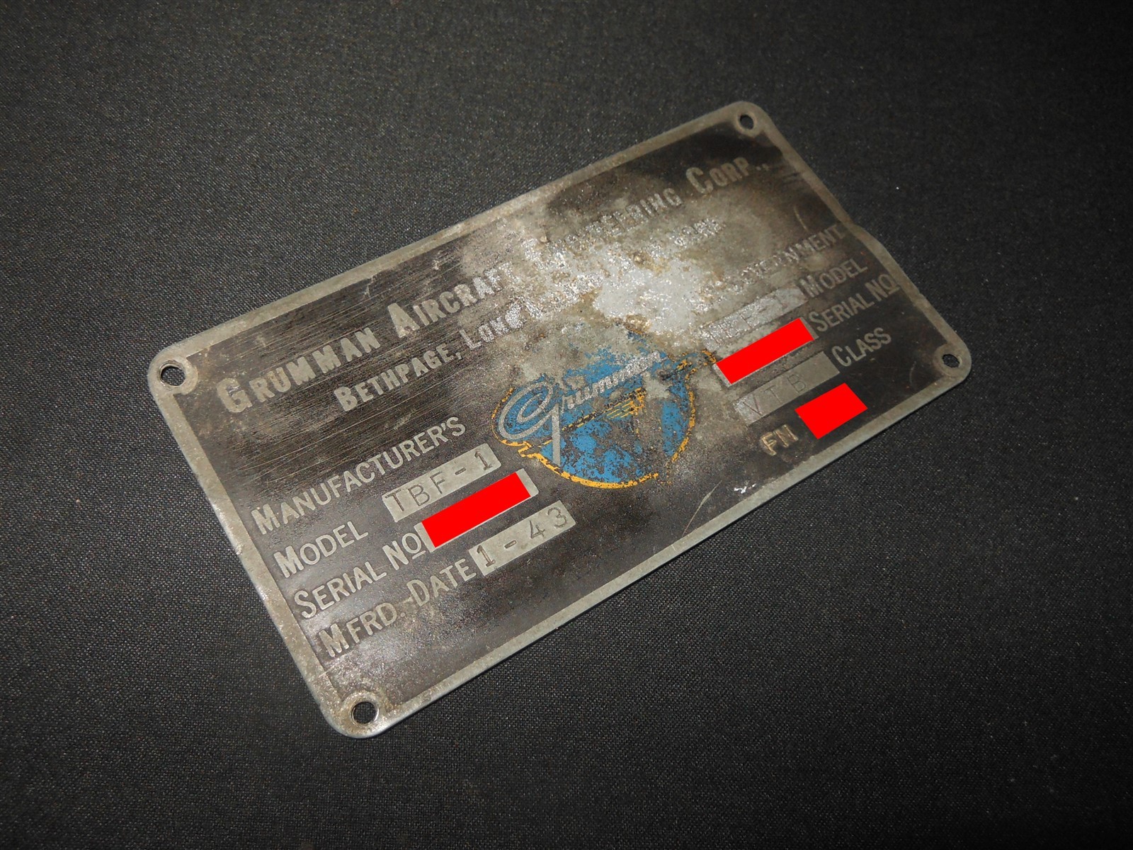 WW2 British Royal Navy FAA Aircraft - TBF-1 AVENGER MAIN DATA PLATE - VERY NICE!