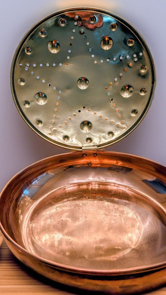 Antique Victorian Copper & Brass Star Patterned Bed Warmer - Wood Handle