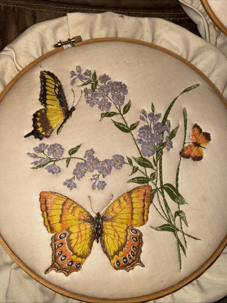 Three Embroidery Hoops With Finished Pieces