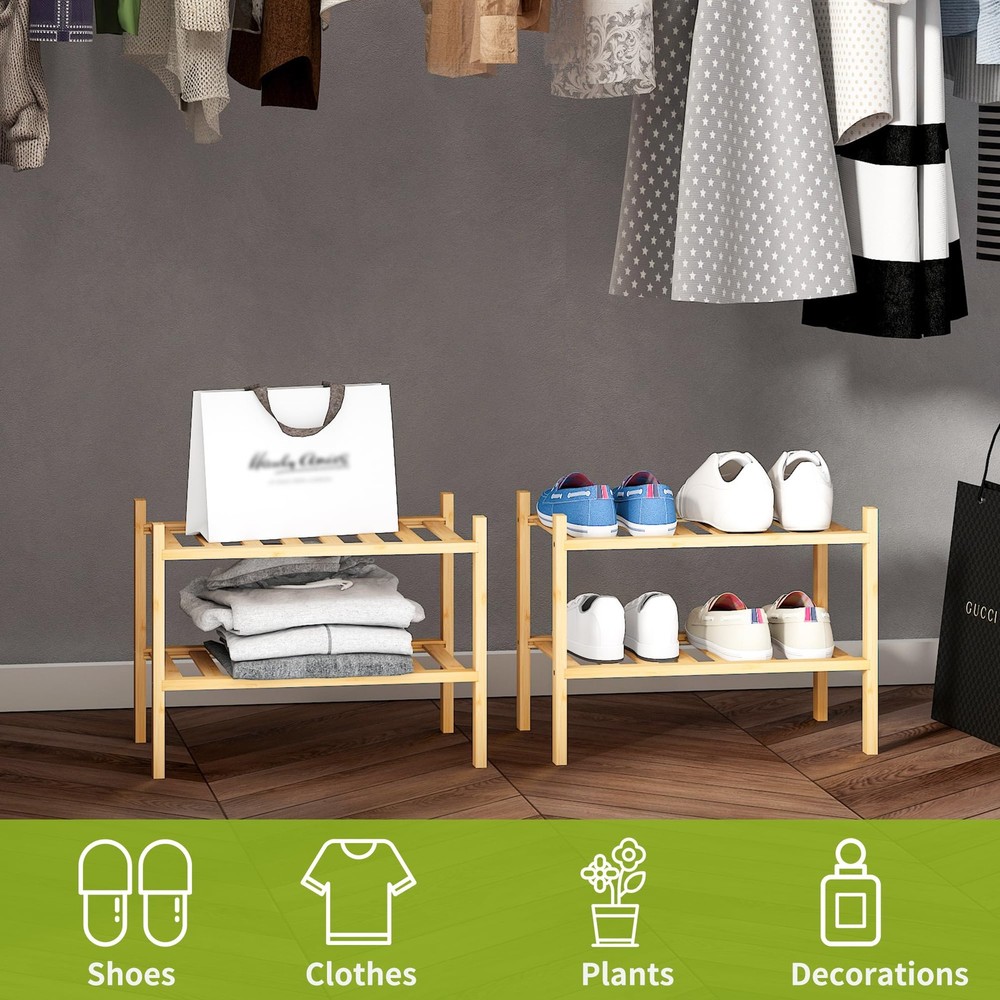 2Tier Natural Bamboo Shoe Rack Small Stackable Shelf Organizer for Entryway