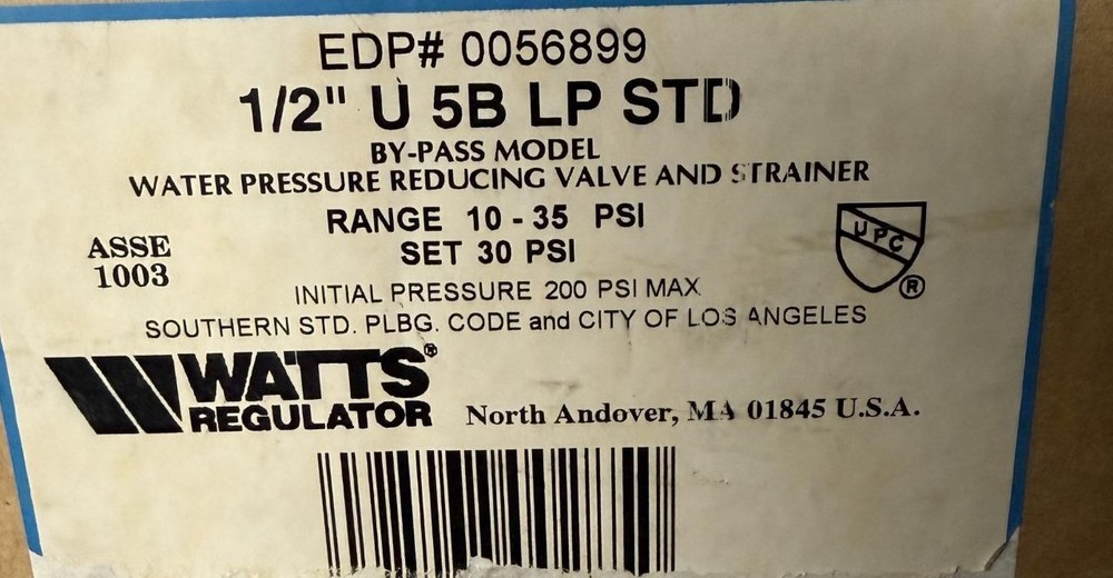 Watts 1/2" U 5B LP STD Water Pressure Reducing Valve With Strainer 0056899