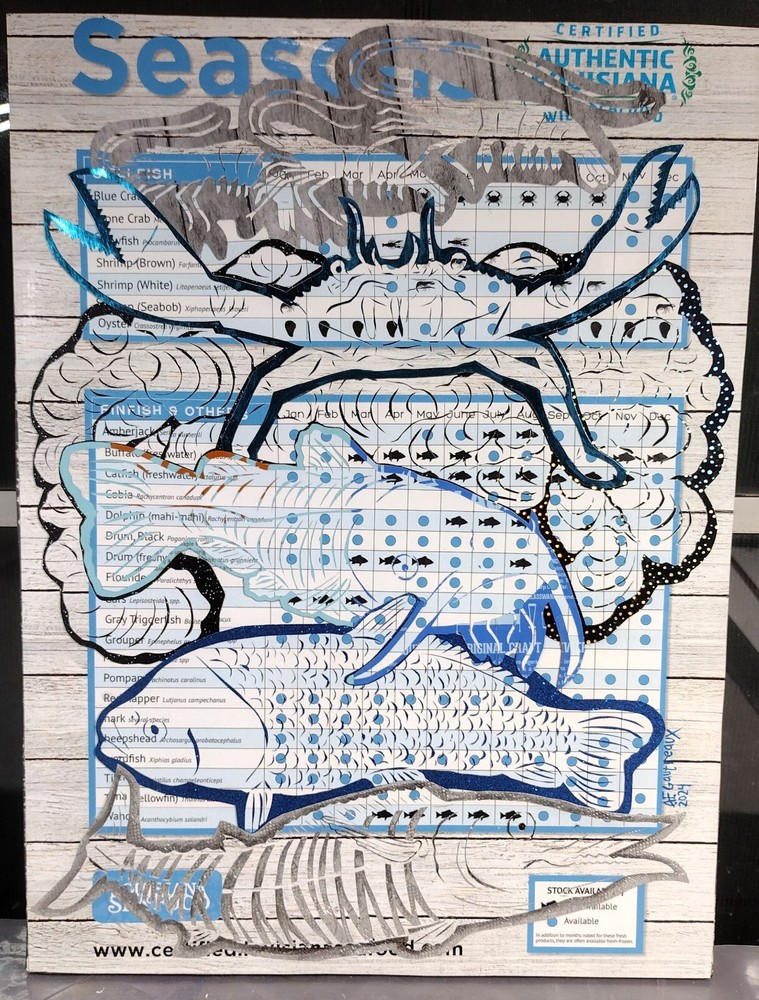 Original art, collage using certified LA seafood chart, signed