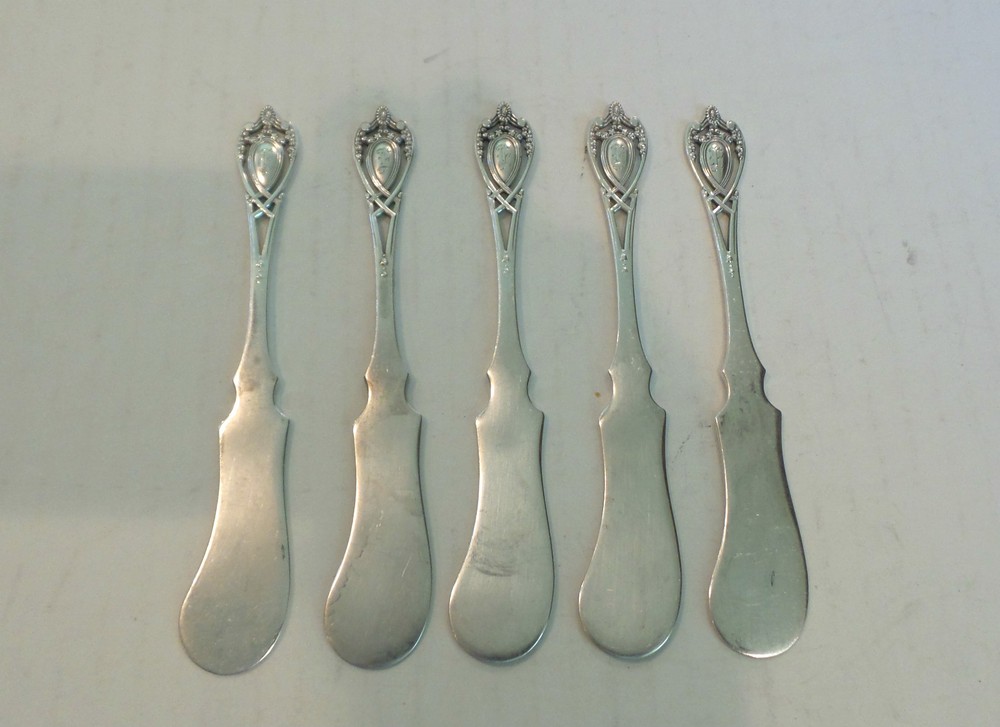 SET/5 ROGERS, LUNT & BOWLEN SOLID STERLING SILVER "MOTICELLO" BUTTER SPREADERS