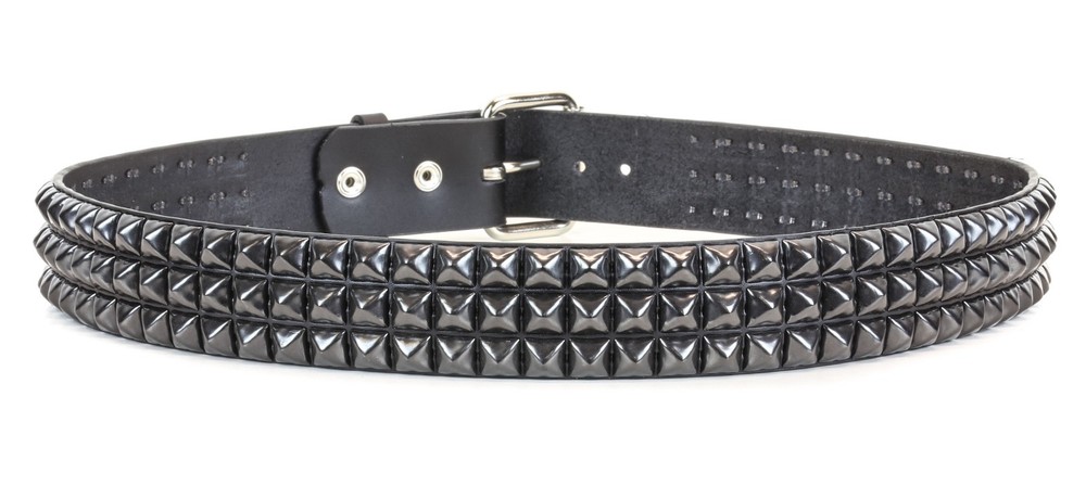 Black Pyramid Stud Belt Genuine Leather Three Row Rock Goth Sid Vicious Punk