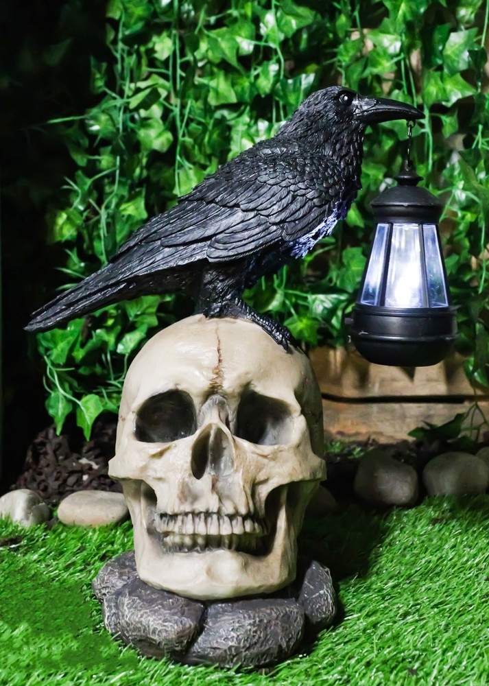 Edgar Corvus Raven Perching On Rose Skull Statue With Solar LED Lantern Light