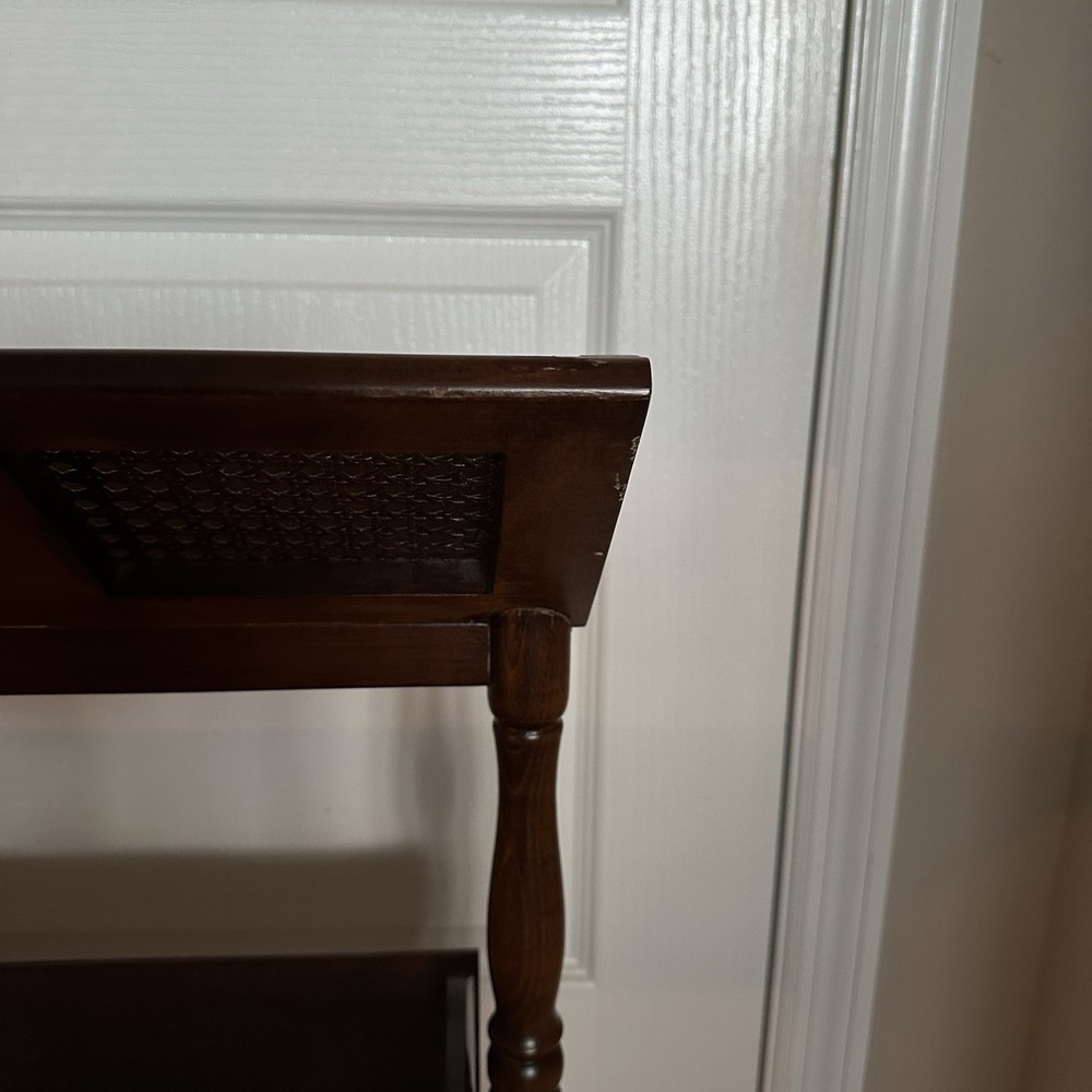 MCM Woven Wicker & Solid Wood Library Book Trough Floor Stand - 2 Tier