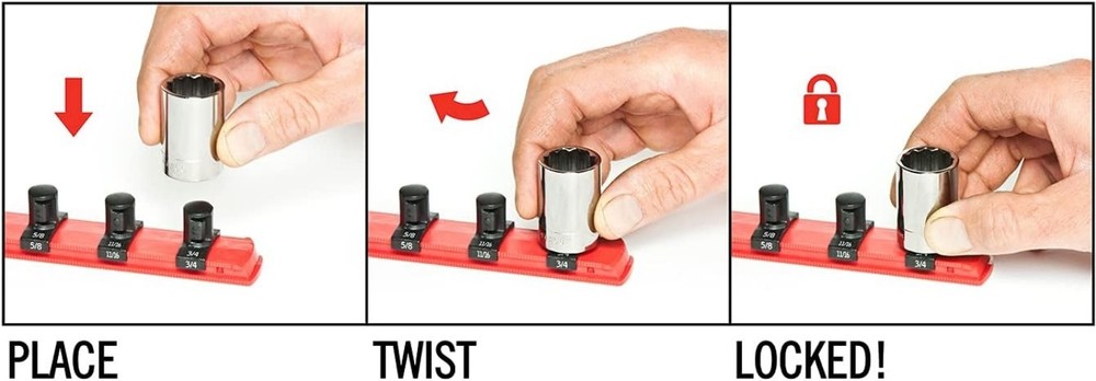 Ernst 13-Inch Socket Rail Organizer with 15 Twist Lock Clips – Secure & Compact