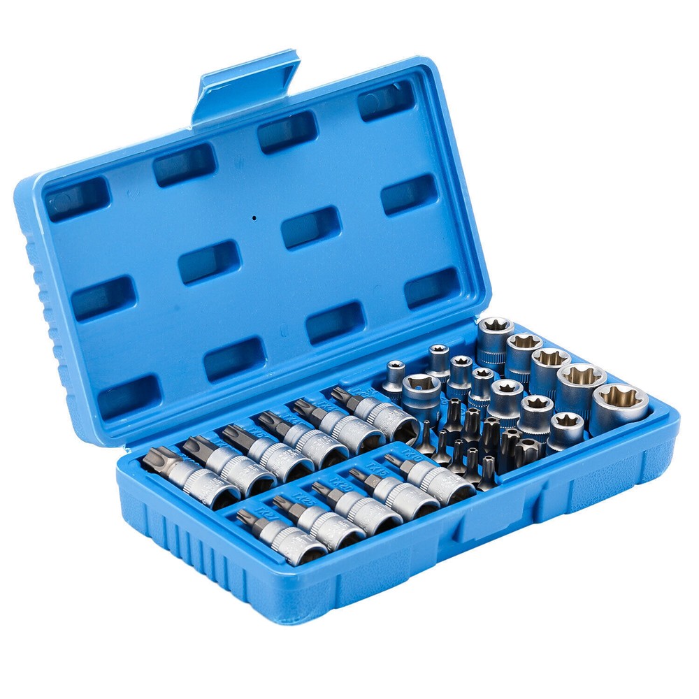NEW 34pcs Torx Star Sockets & Bit Set Male Female E-torx Security Bits 3/8 Dzloo