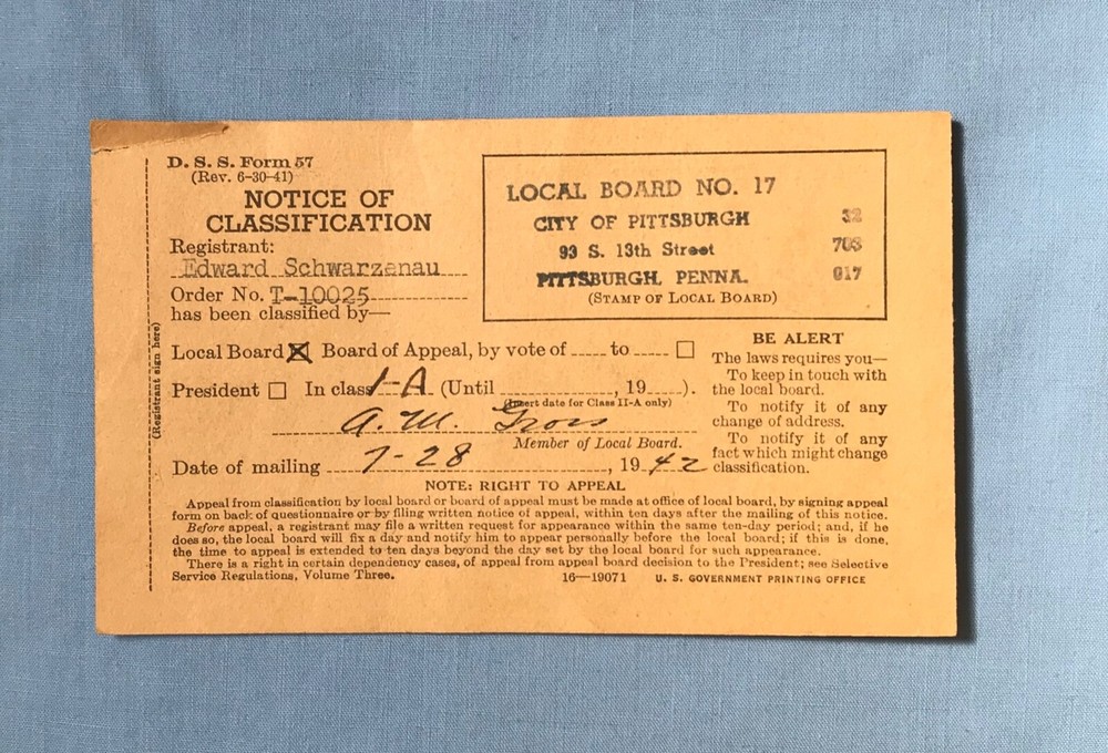 WWII Original Documents Pittsburgh PA Local Board #17 Classification Induction