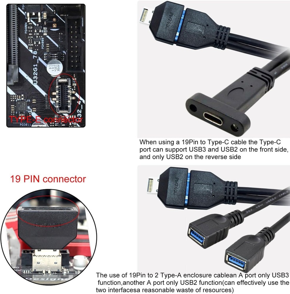 Motherboard USB3.2 Type E to 19Pin 20Pin Adaptor Type E to Front Panel Header...