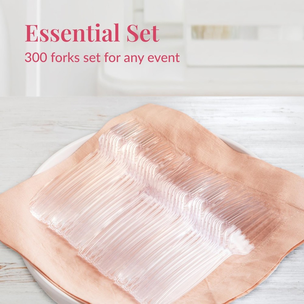 300 Count Disposable Plastic Forks - Heavy Duty Silverware Bulk Set - Clear P...